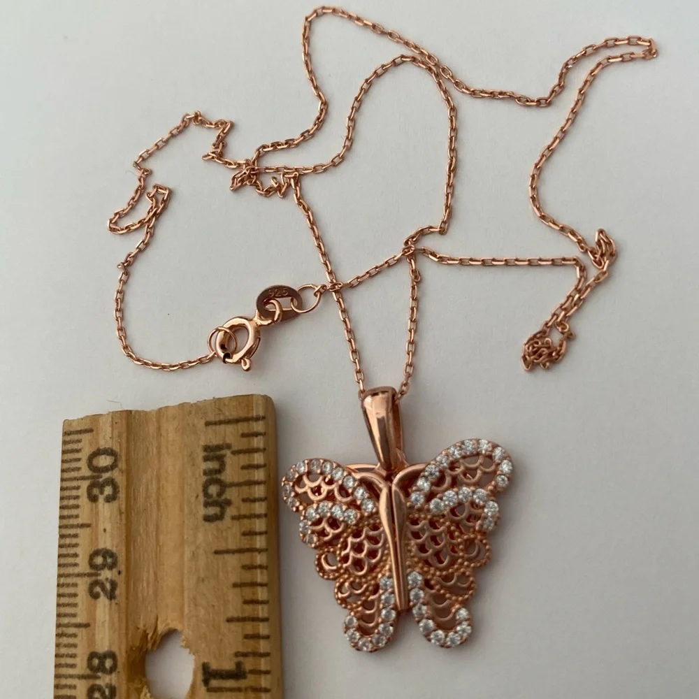 925 Silver butterfly initial cz double heart necklace 14K rose gold plated